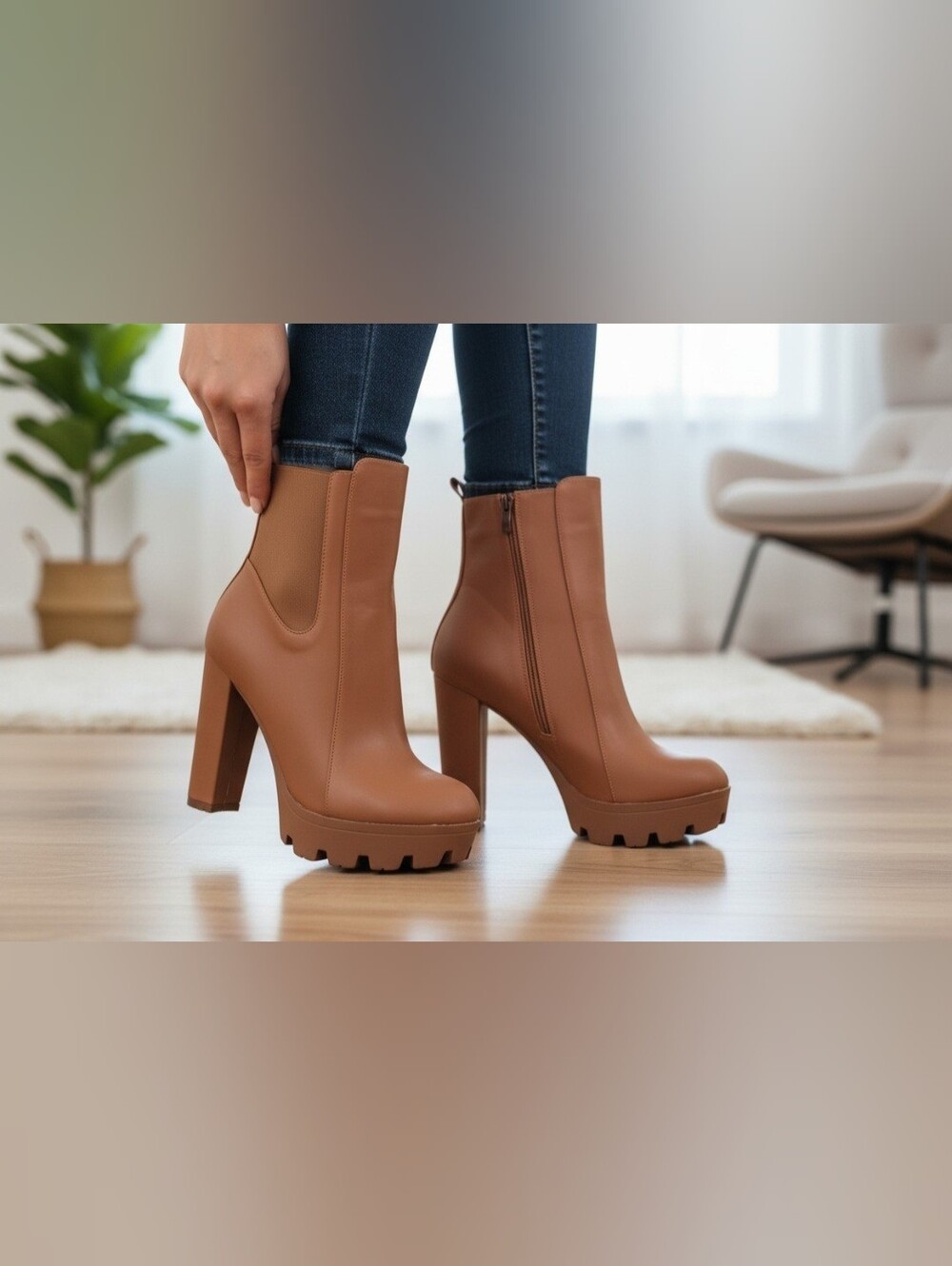 SHEIN Women's Size 10 (42) Brown Chunky Heeled Platform Ankle Boots Side Zipper.
